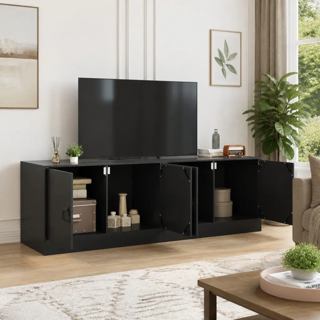 TV Cabinet Unit Black Steel Frame Storage 67x39x44cm Set of 2