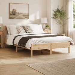 Bed Frame 135x190 cm Solid Pine Wood Slatted Base Bedroom Furniture Brown