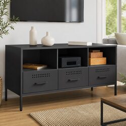 TV Cabinet Black Industrial Style Steel Frame Living Room Storage Unit 100.5cm