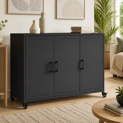 Sideboard Black Storage Cabinet Wheels Buffet Organiser Furniture 100.5x39x72cm