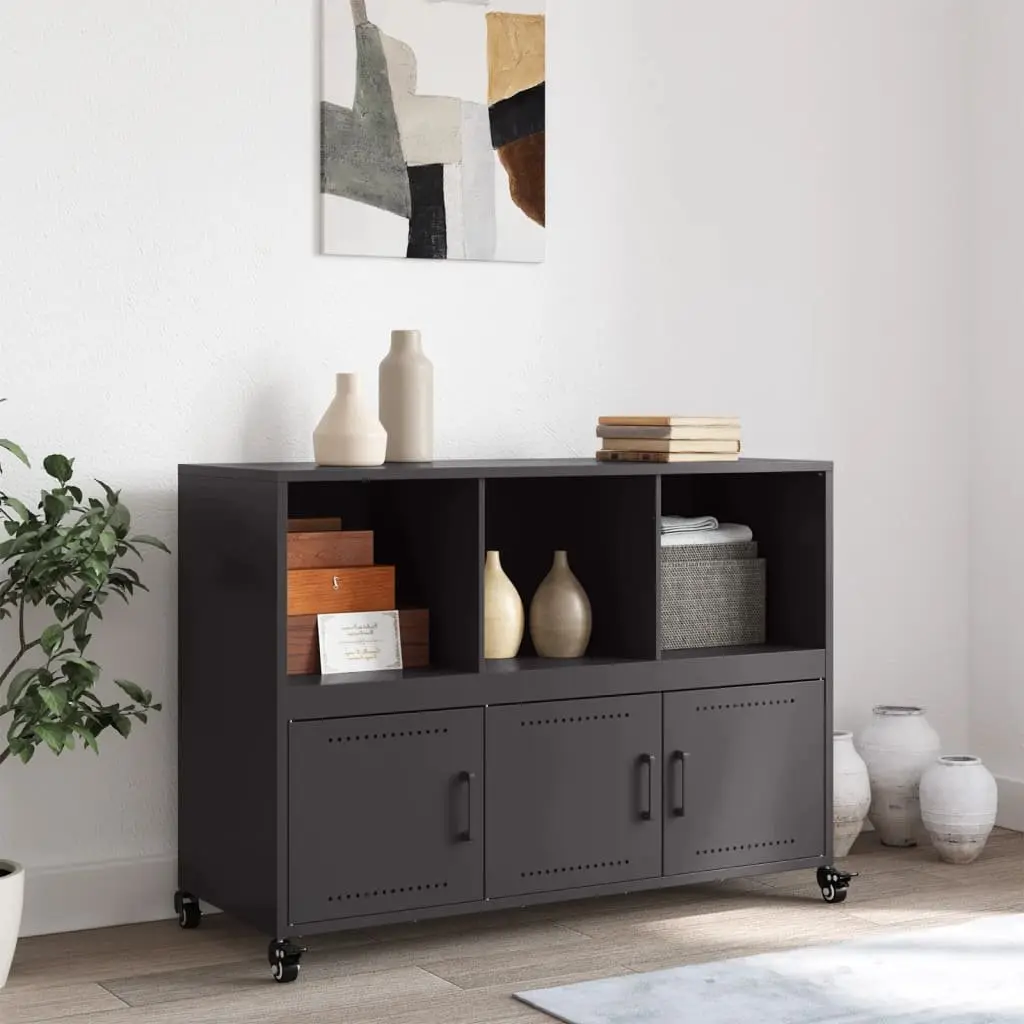 Sideboard Black Storage Cabinet with Wheels Durable Steel Construction 100.5 x 39 x 72 cm