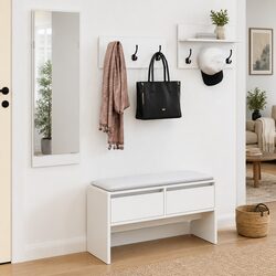 4 Piece Hallway Furniture Set Storage Bench Shoe Cabinet Mirror Coat Racks White