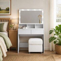 Dressing Table with LED Mirror White Bedroom Vanity Storage Drawers Compartments