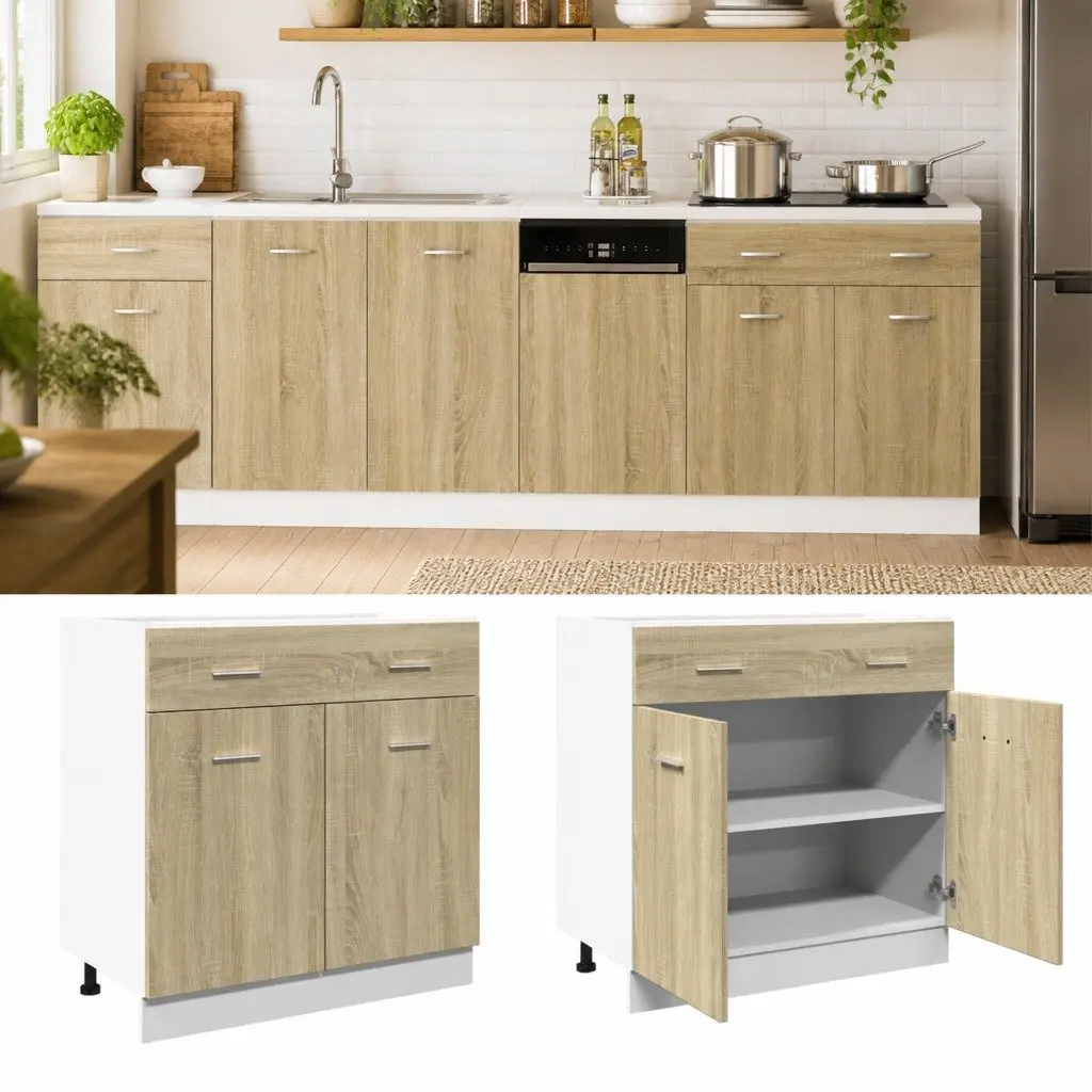 Drawer Bottom Cabinet Kitchen Storage Engineered Wood Brown