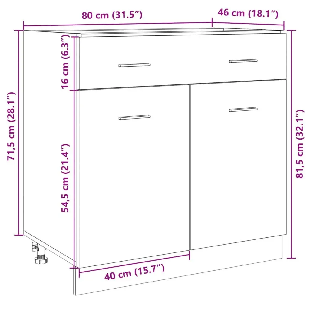 Drawer Bottom Cabinet Kitchen Storage Engineered Wood Brown