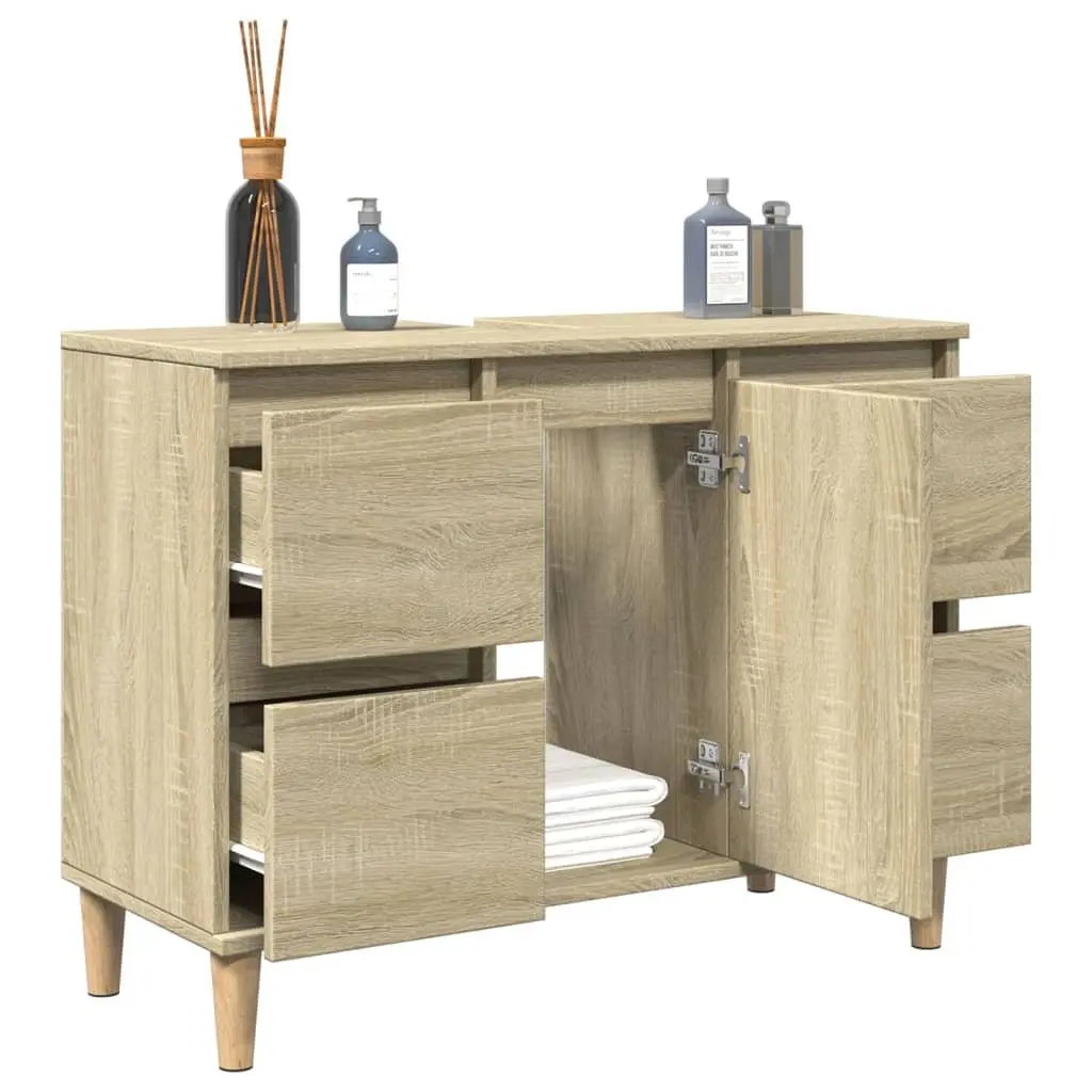 Bathroom Sink Cabinet Brown Vanity Unit 80x33x60cm Engineered Wood with Eucalyptus Feet Storage Drawers Compartment