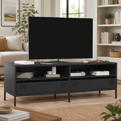 TV Cabinet Black Industrial Style Storage Unit with Drawers Compartments