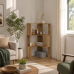 Corner Bookcase 3-Tier Compact Storage Shelving Unit Brown Wood Furniture