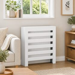 Radiator Cover White Engineered Wood Modern Slatted Design Home Decor Shelf