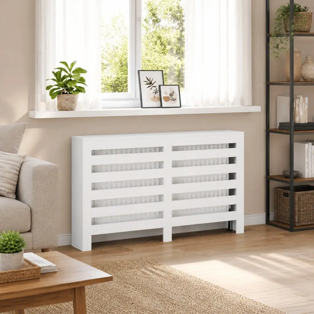 Radiator Cover Engineered Wood 149 x 20 x 82 cm White Cabinet Shelf Living Room