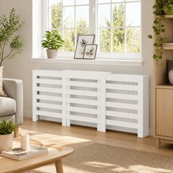 Radiator Cover White Modern Slatted Design Engineered Wood Cabinet Shelf Storage