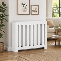 Radiator Cover White Modern Slatted Design Engineered Wood Cabinet Shelf Decor