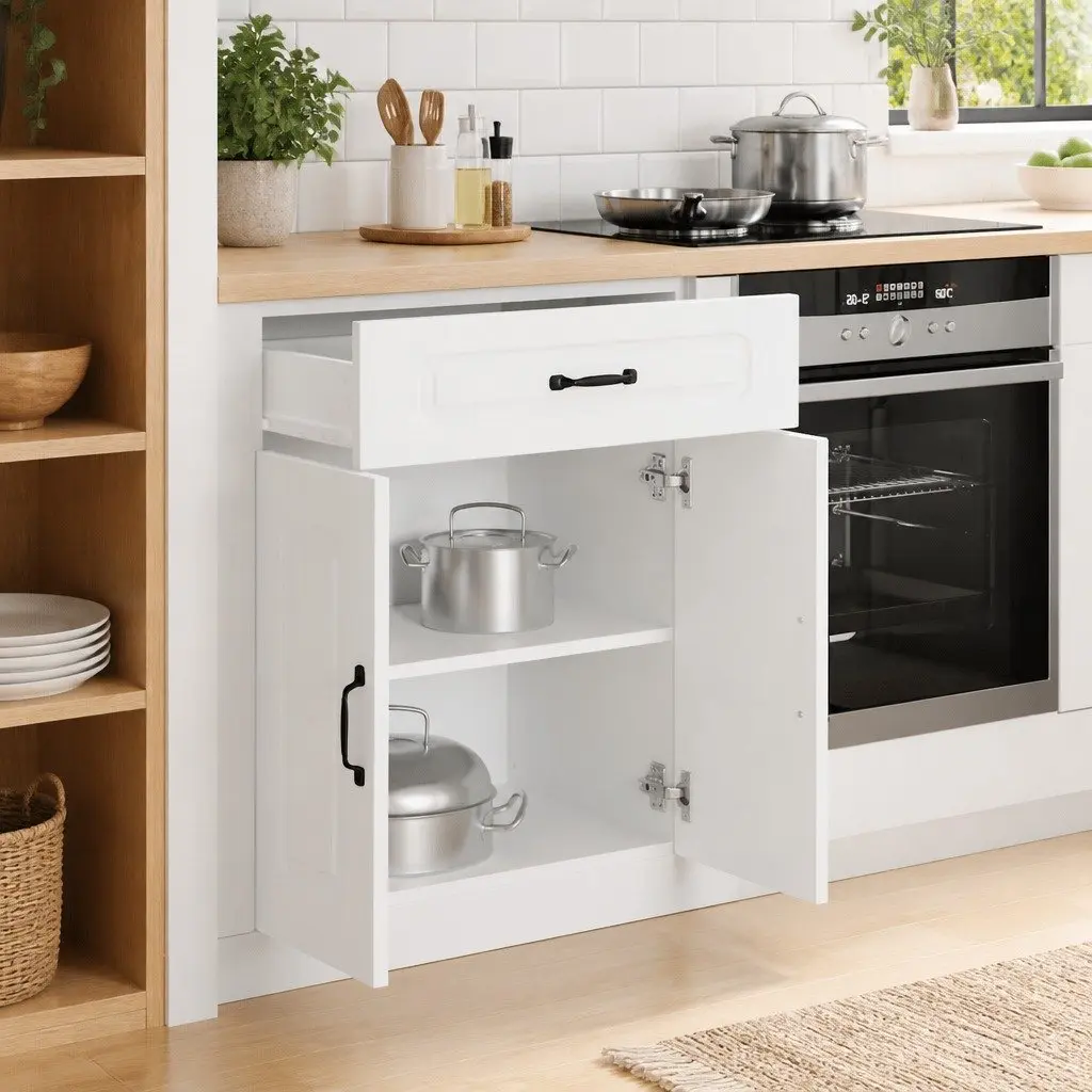 Kitchen Cabinet White Engineered Wood Storage Cupboard Adjustable Feet