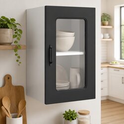 Kitchen Wall Cabinet Glass Door Storage Black Engineered Wood Organizer