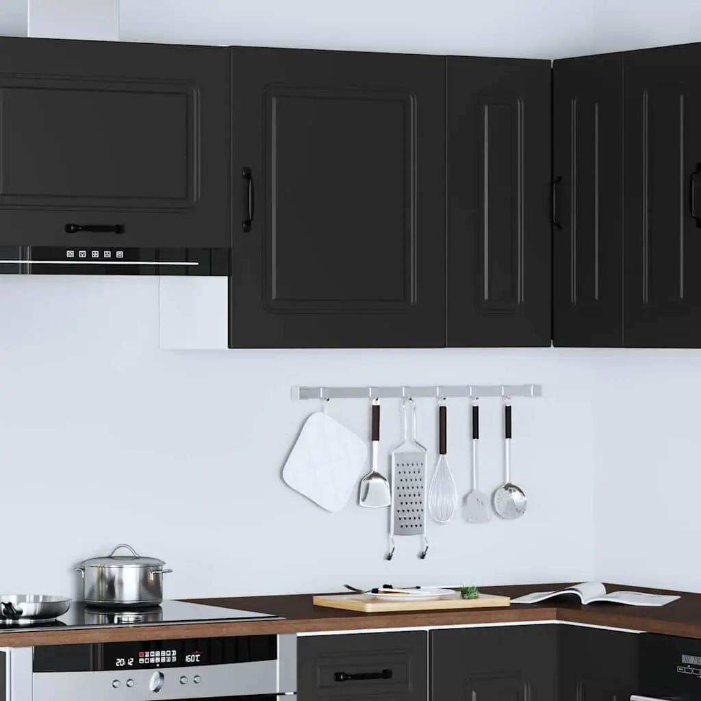 Kitchen Wall Cabinet Black Engineered Wood Storage Cupboard Doors Organiser