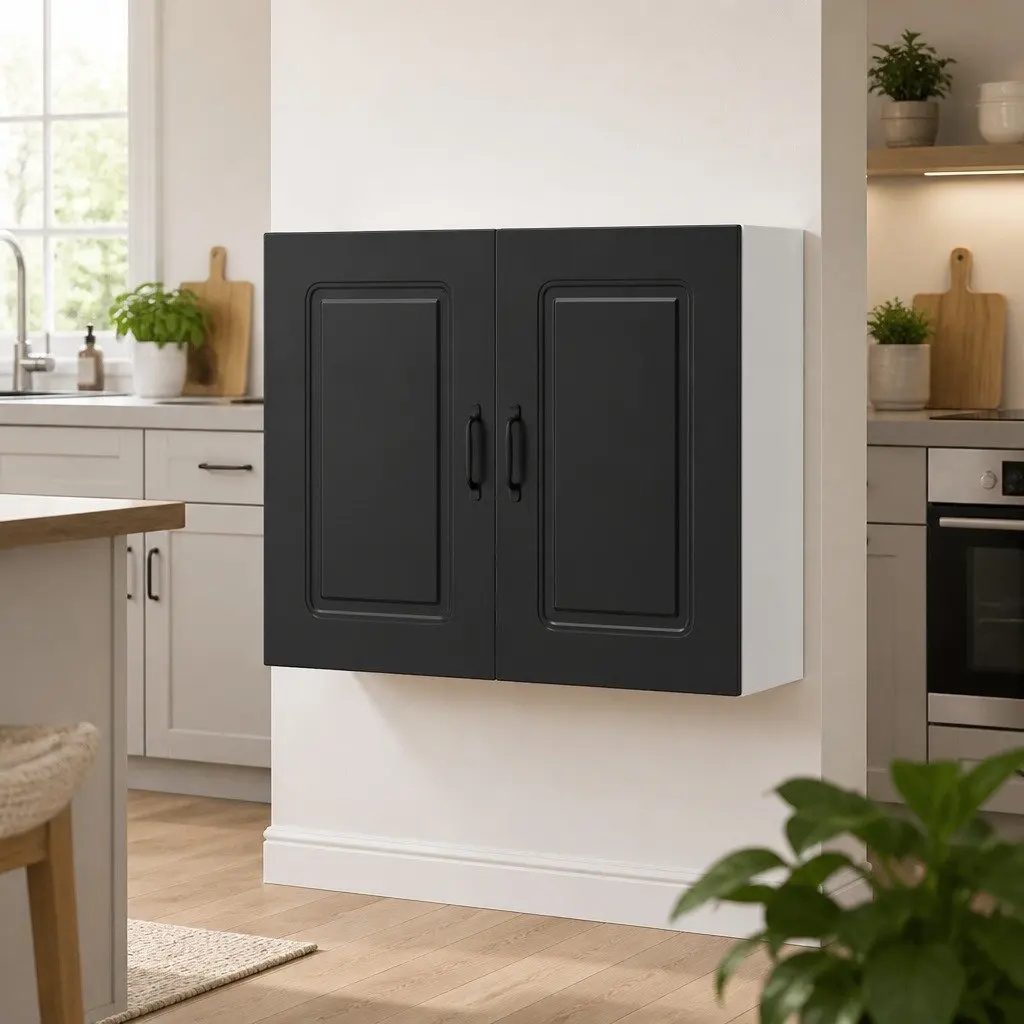 Kitchen Wall Cabinet Black Engineered Wood Storage Organizer with Door