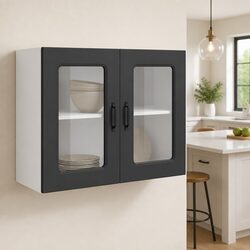 Kitchen Wall Cabinet Glass Door Black Storage Cupboard Engineered Wood Organiser