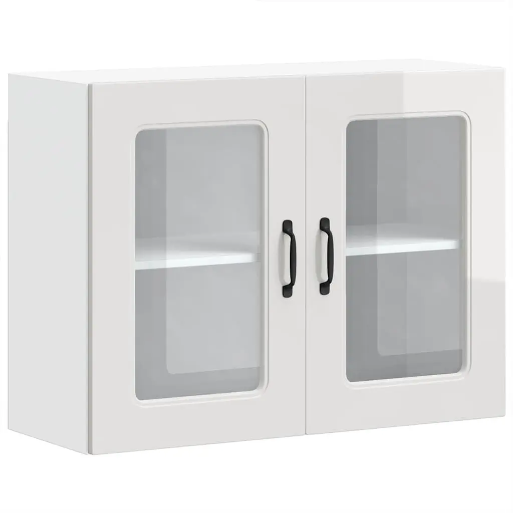 Kitchen Cabinet Glass Door High Gloss White Engineered Wood Storage Unit