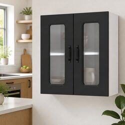 Kitchen Wall Cabinet Glass Door Black Engineered Wood Wall-Mounted Storage Unit