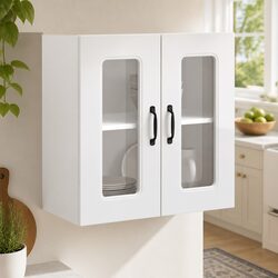 Kitchen Wall Cabinet Glass Door White Engineered Wood Storage Unit Organiser