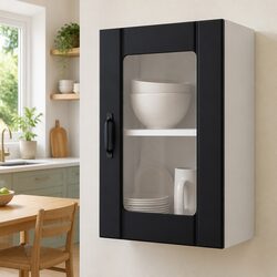 Kitchen Wall Cabinet Glass Door Black Engineered Wood Wall-Mounted Storage