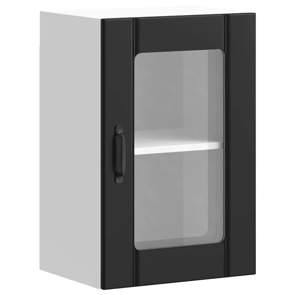 Kitchen Cabinet Glass Door Wall-Mounted Storage Black Engineered Wood