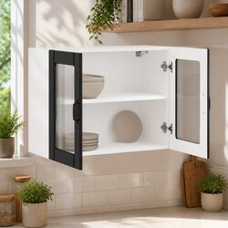 Kitchen Wall Cabinet Glass Door Black Engineered Wood Wall-Mounted Storage