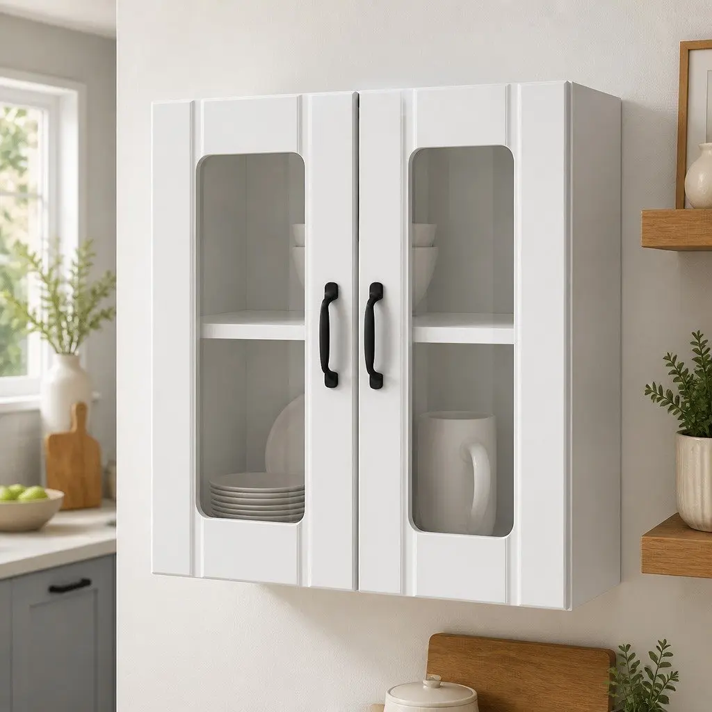 Kitchen Cabinet Glass Door Wall-Mounted Storage White Engineered Wood