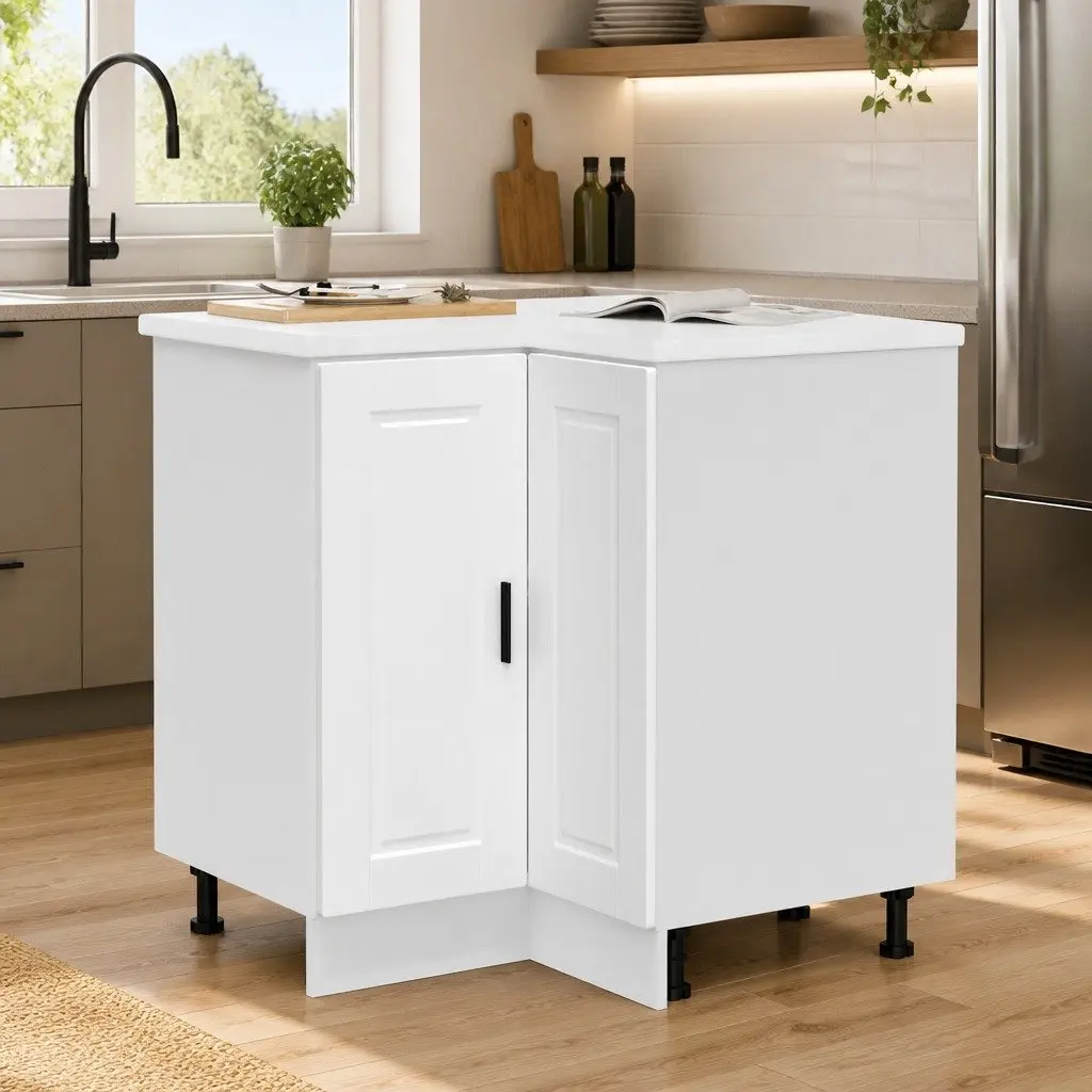 Kitchen Corner Base Cabinet Engineered Wood Storage Organizer White