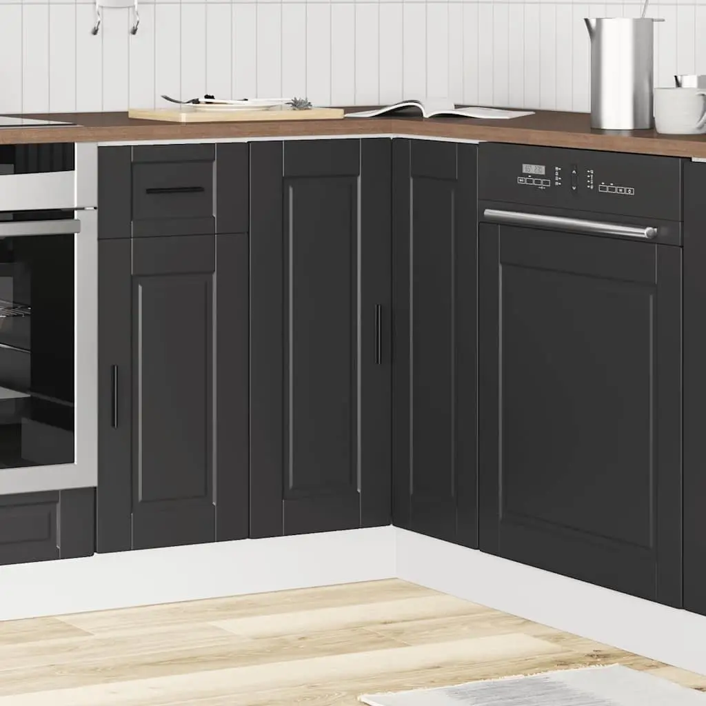 Corner Base Cabinet Engineered Wood Black Storage Unit with Adjustable Feet