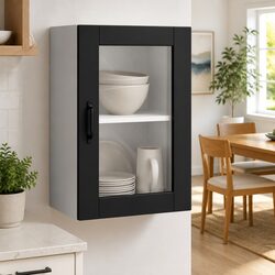 Kitchen Wall Cabinet Glass Door Black Storage Mounted Organiser Home Furniture