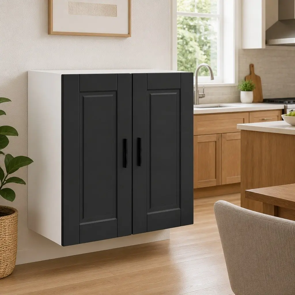 Kitchen Wall Cabinet Black Engineered Wood Storage Organizer with Door