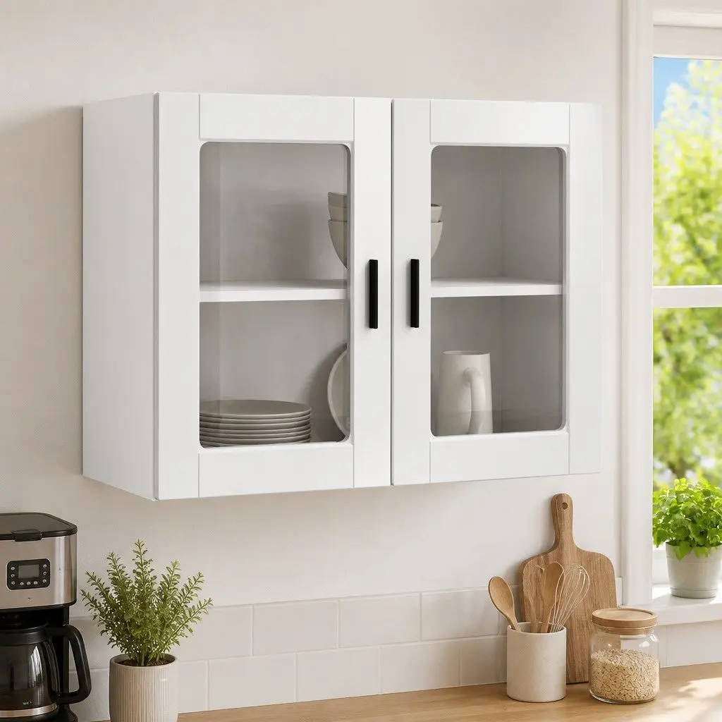 Kitchen Wall Cabinet Glass Door White High Gloss Wall-Mounted Storage Cupboard