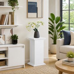 Pillar Display Stand White Storage Cabinet Two-Tier Engineered Wood Plant