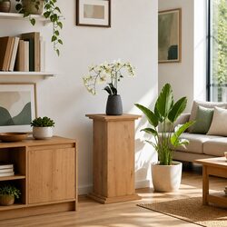 Plant Display Stand with Storage Cabinet Brown Engineered Wood Two-Tier Pillar