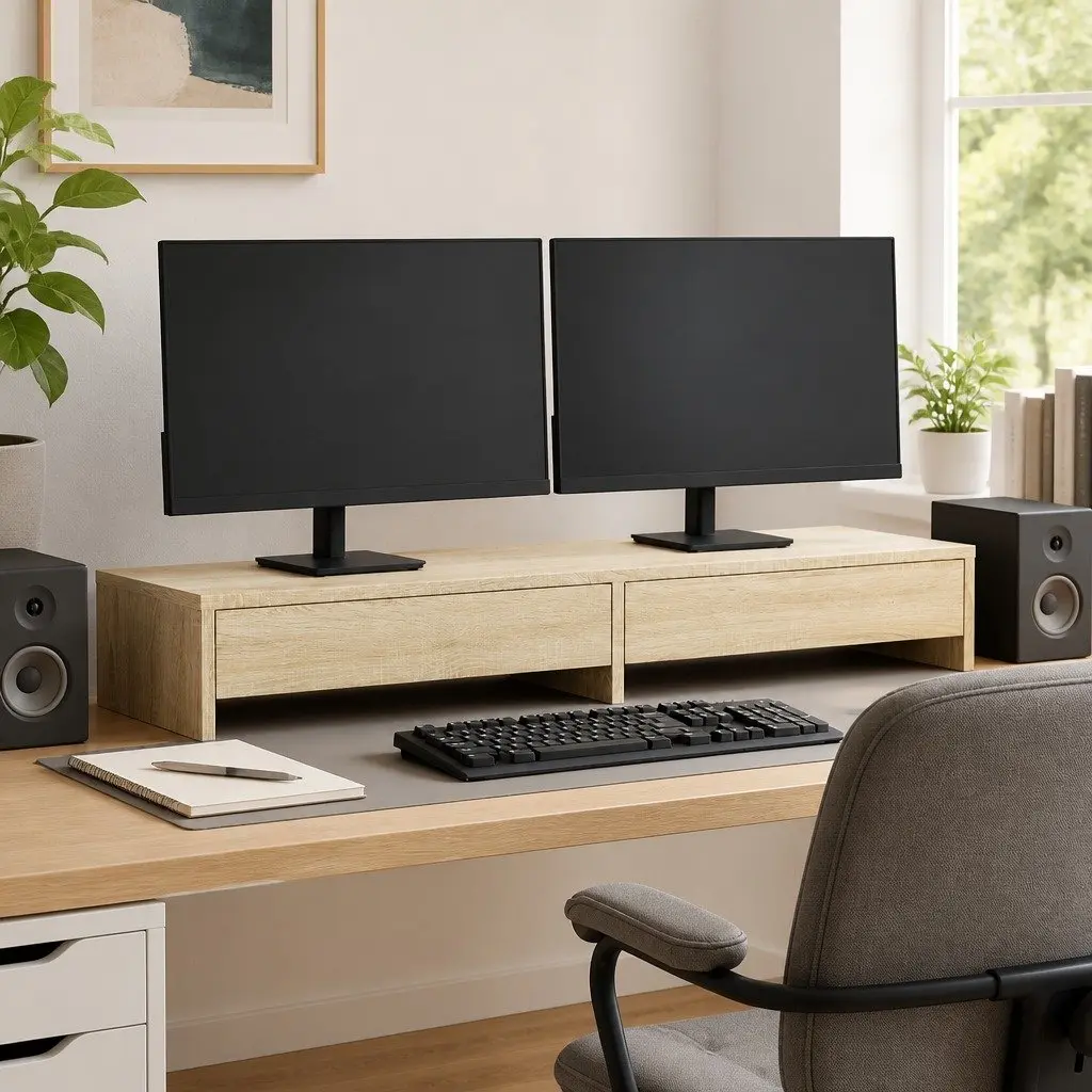 Monitor Stand with Storage Drawers Brown Engineered Wood Computer Riser Desk