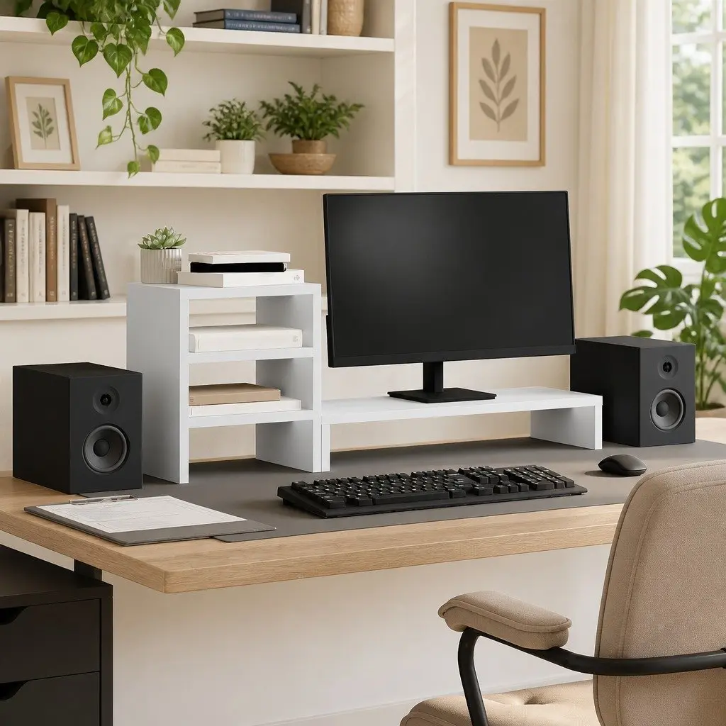 Monitor Stand with Desk Organiser White Engineered Wood Computer Riser Office