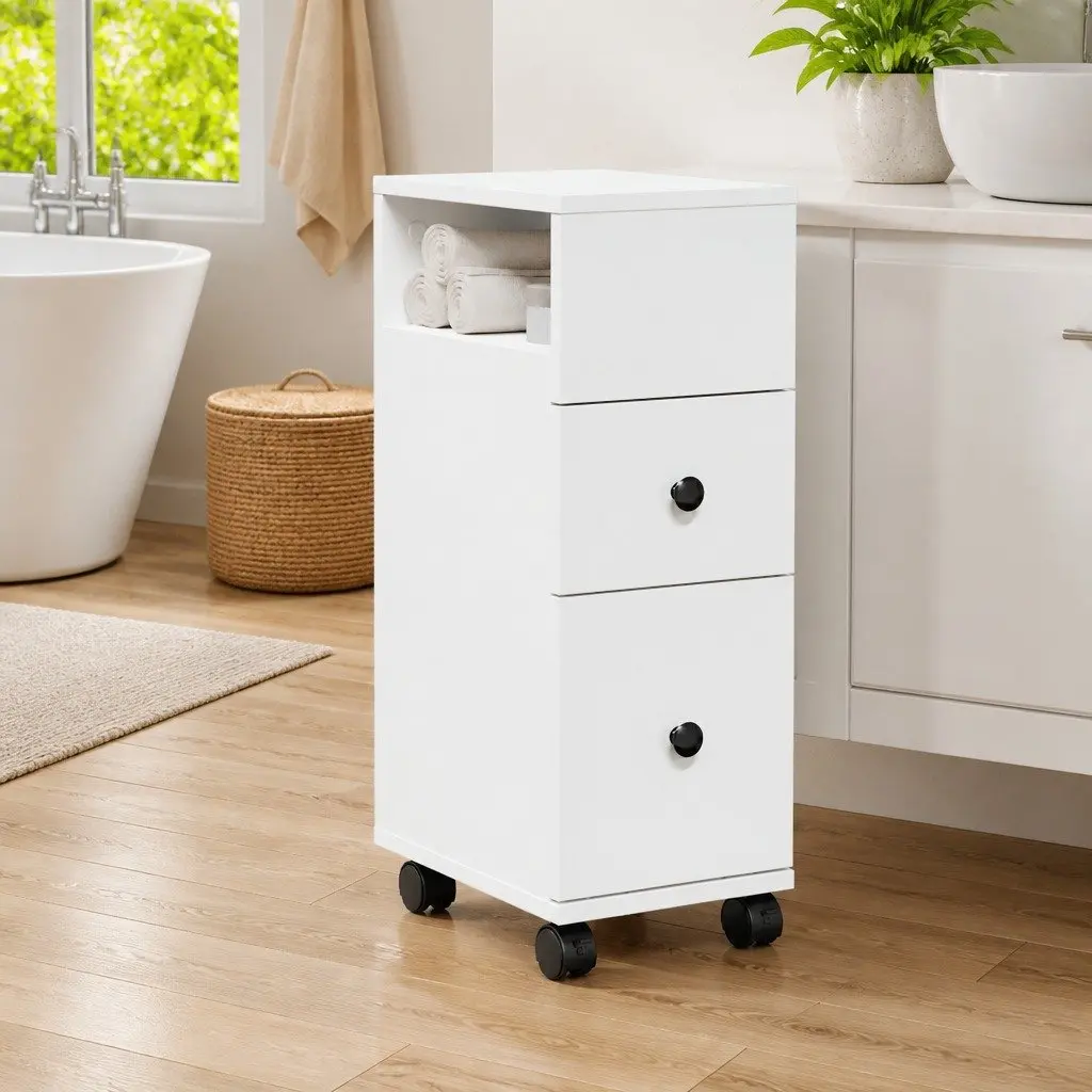 Narrow Bathroom Storage Cabinet on Wheels Engineered Wood White