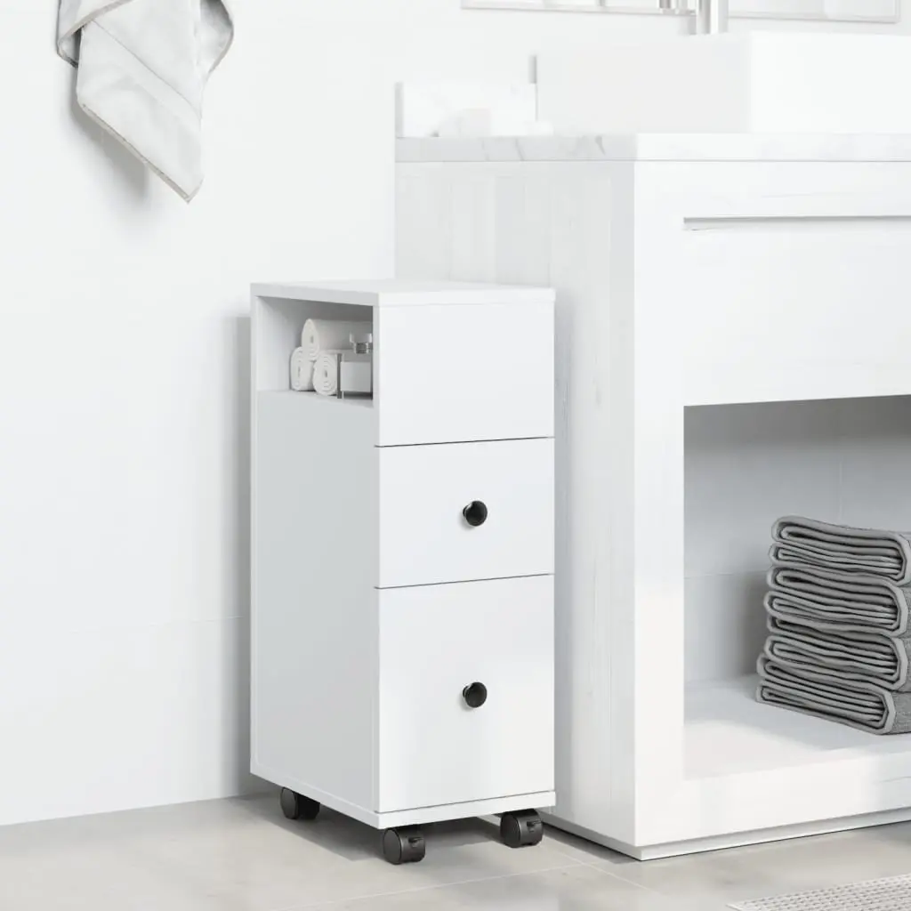 Narrow Bathroom Storage Cabinet on Wheels Engineered Wood White