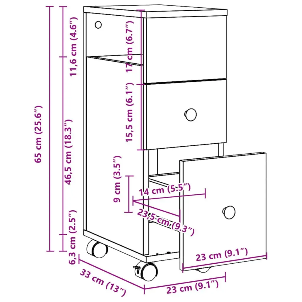 Narrow Bathroom Storage Cabinet on Wheels Engineered Wood White