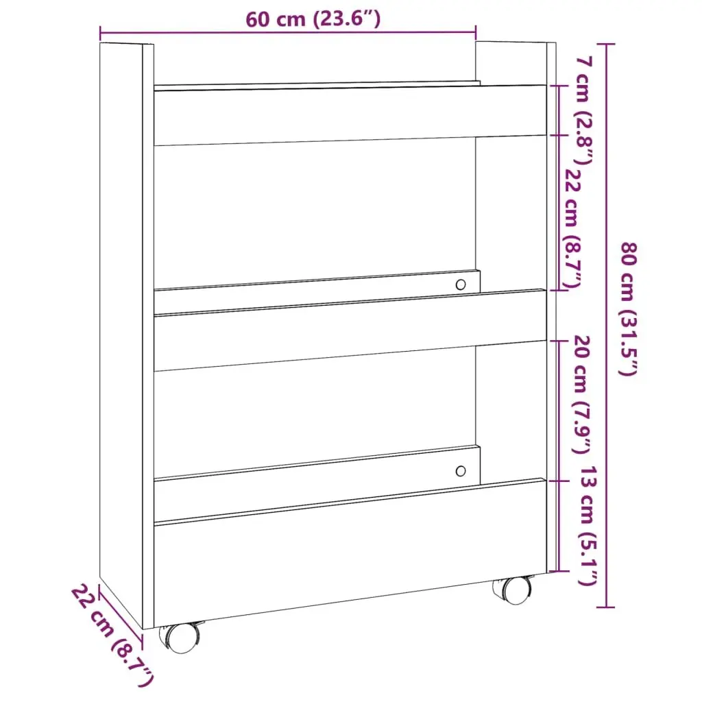 Narrow Storage Trolley 3 Tier White Rolling Cart for Kitchen Bathroom Organiser