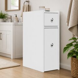 Narrow Bathroom Storage Cabinet on Wheels White Engineered Wood Tall Cupboard