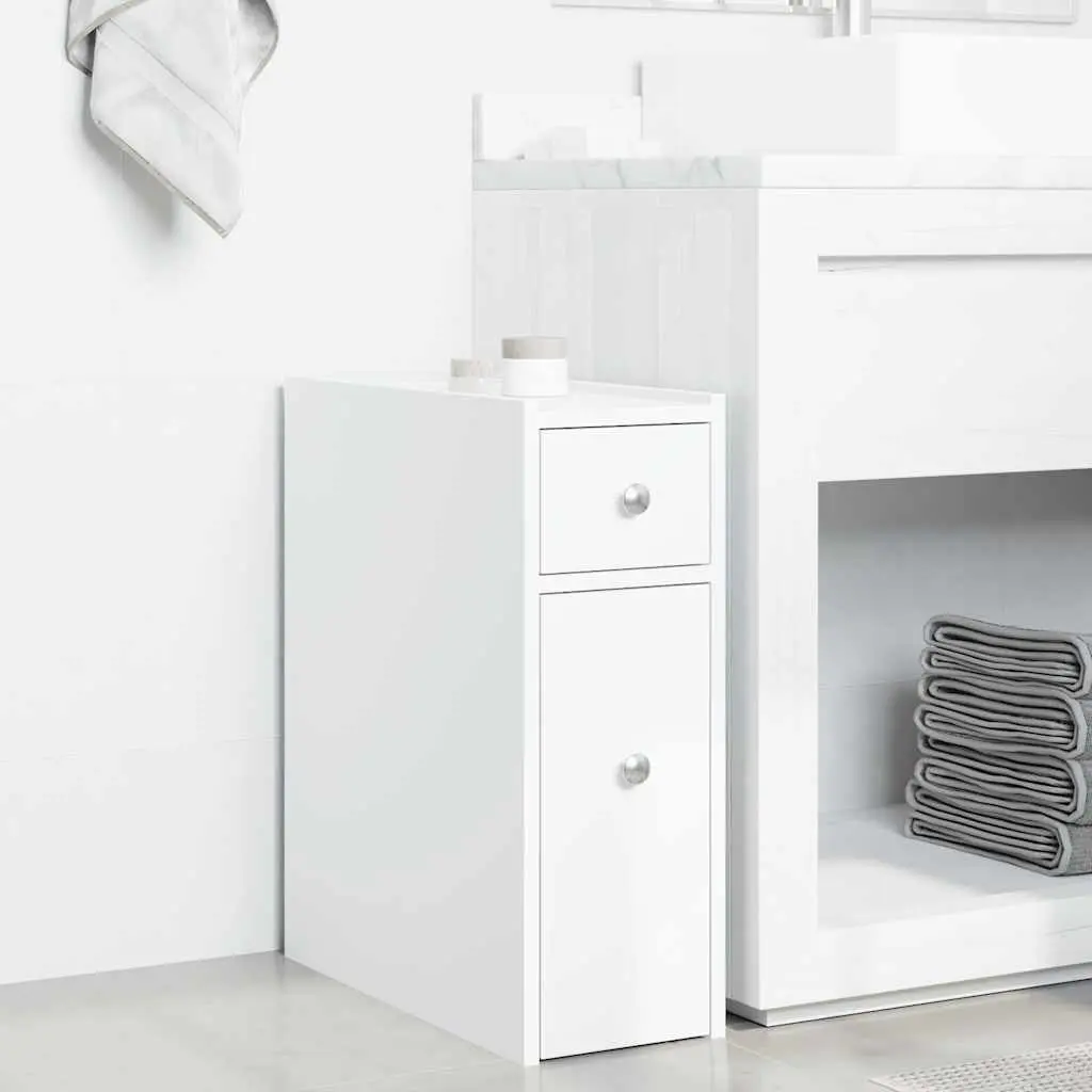 Narrow Bathroom Storage Cabinet on Wheels White Engineered Wood Tall Cupboard