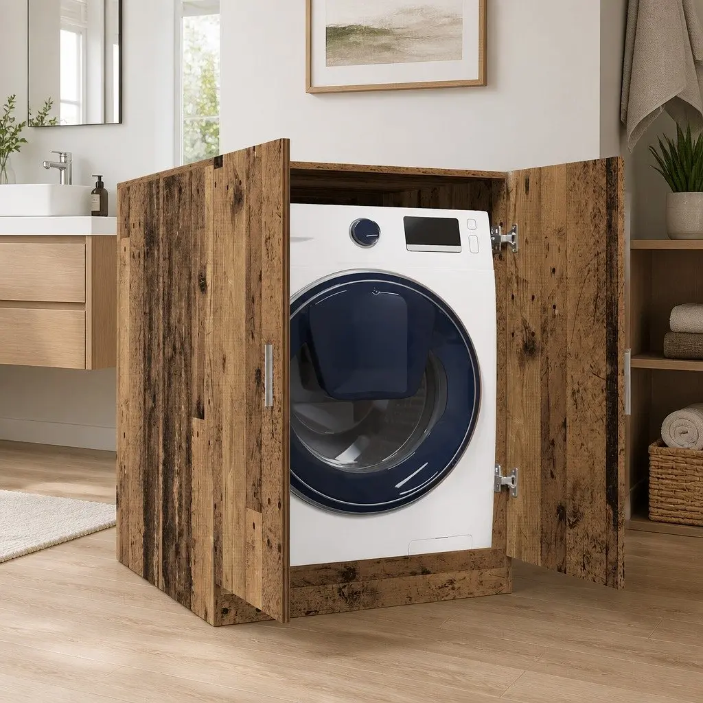 Washing Machine Cabinet Old Wood Laundry Storage Cupboard Bathroom 2 Door