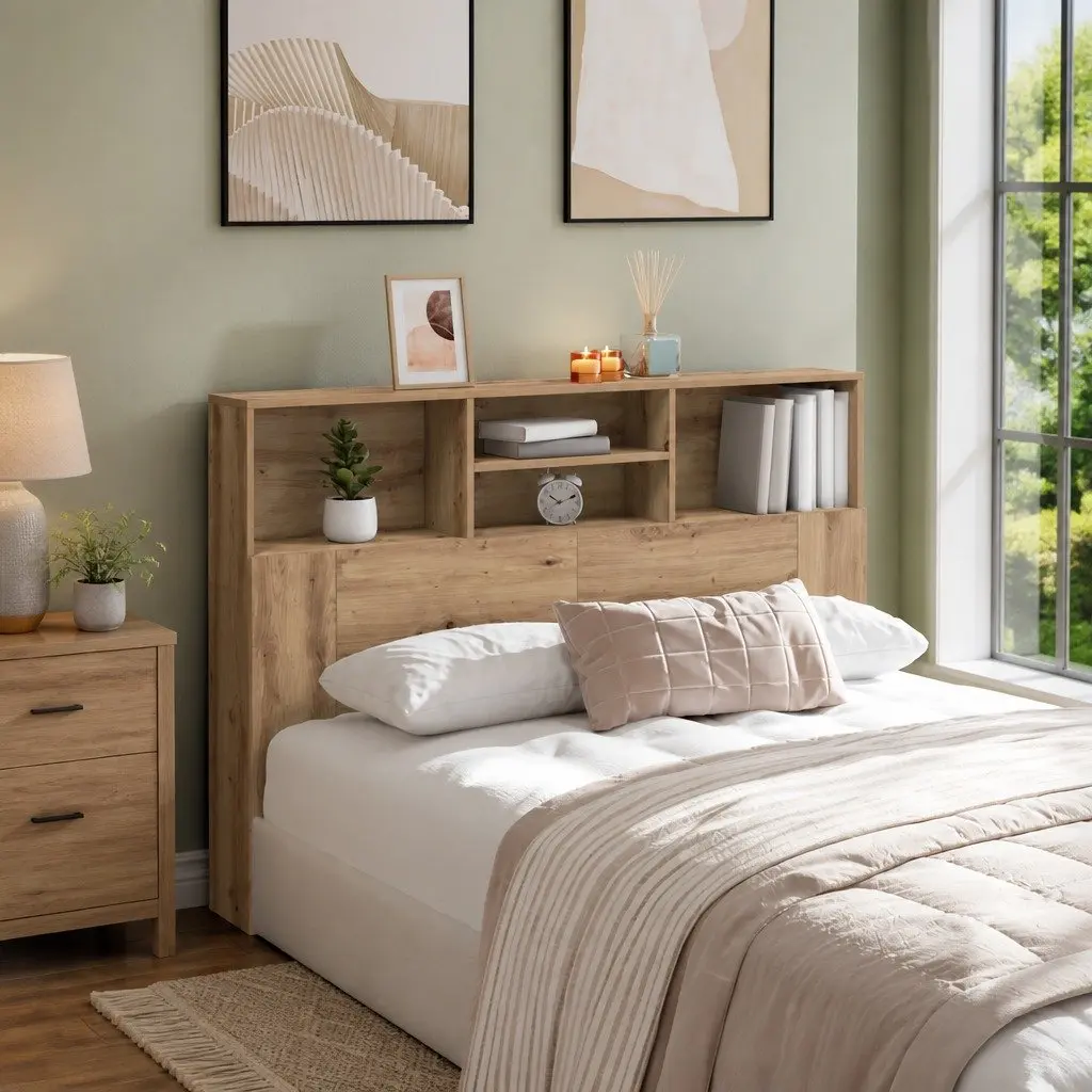 Headboard Cabinet Wall Mounted Brown Engineered Wood Bedroom Storage Bookcase