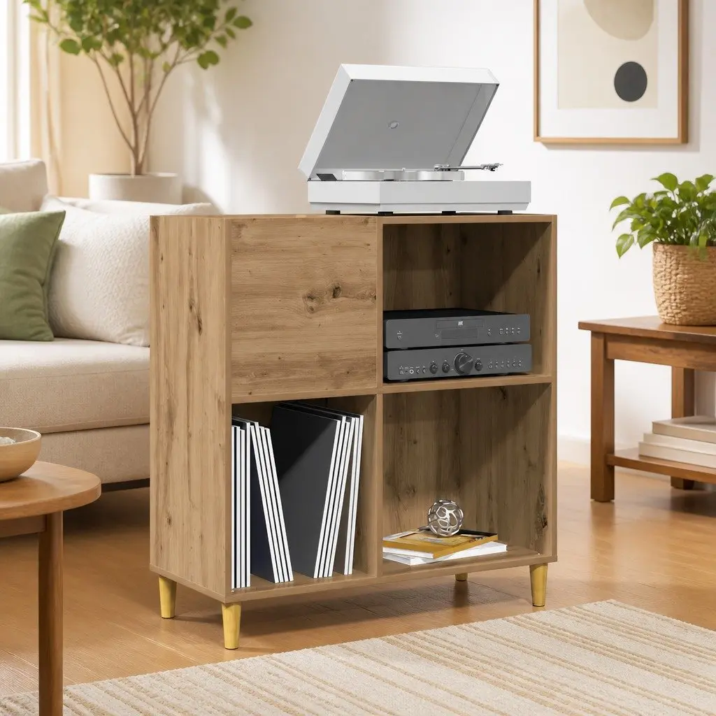 Record Cabinet Brown Engineered Wood Storage Vinyl LP Display Organizer