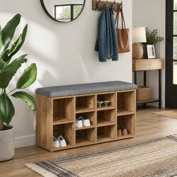 Shoe Bench Storage Entryway Hallway Brown Padded Seat Engineered Wood Furniture
