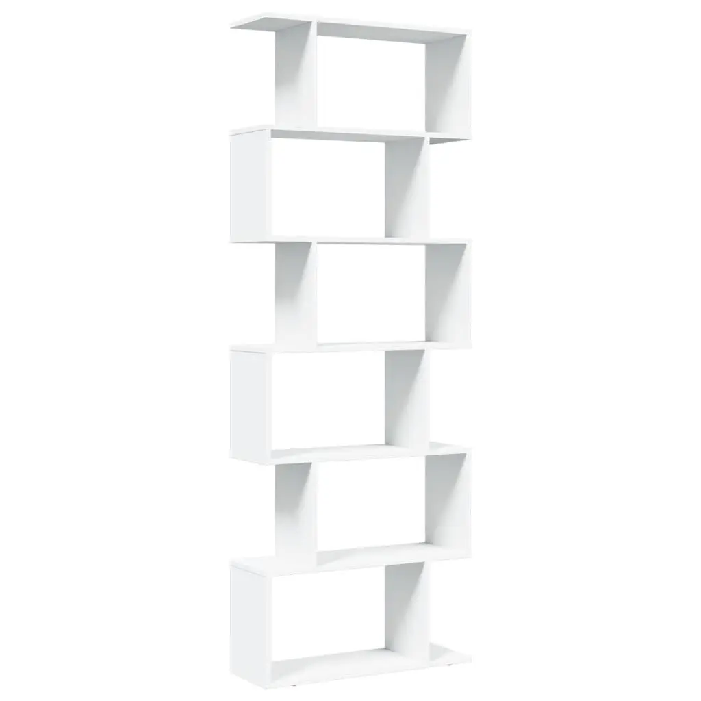 Room Divider Bookcase 6-Tier Staggered Storage Shelf White 70x24x193 cm
