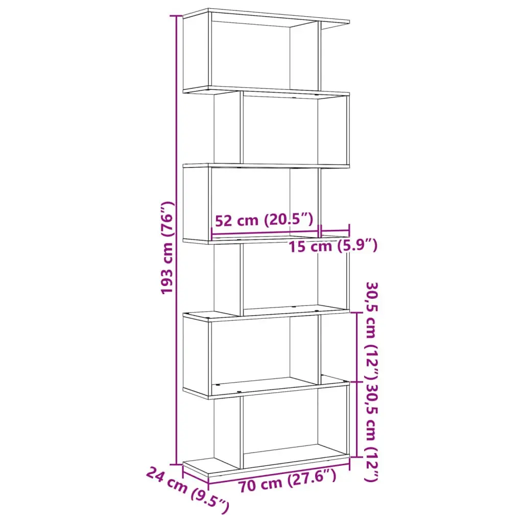 Room Divider Bookcase 6-Tier Staggered Storage Shelf White 70x24x193 cm