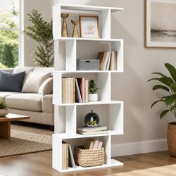 Room Divider Bookcase 5-Tier White Engineered Wood Shelving Unit 70x24x161cm
